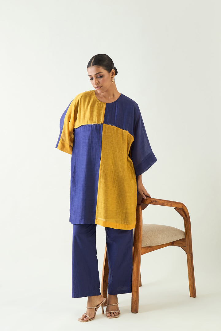 Jeeva: Cotton Silk colour block check sequin tunic - Purple/Mustard