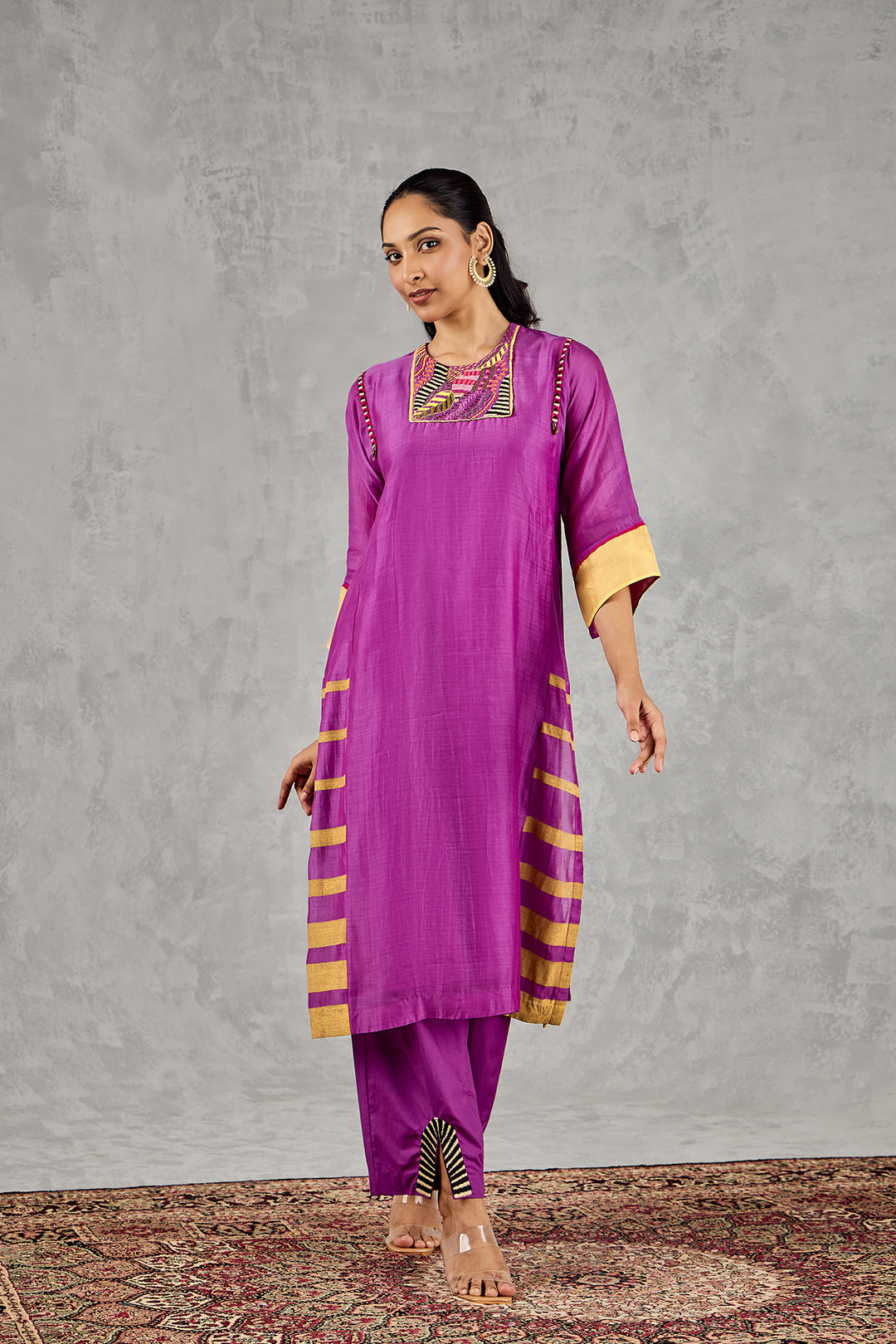 PURPLE SHORT ABSTRACT EMBROIDERY YOKE KURTA SET
