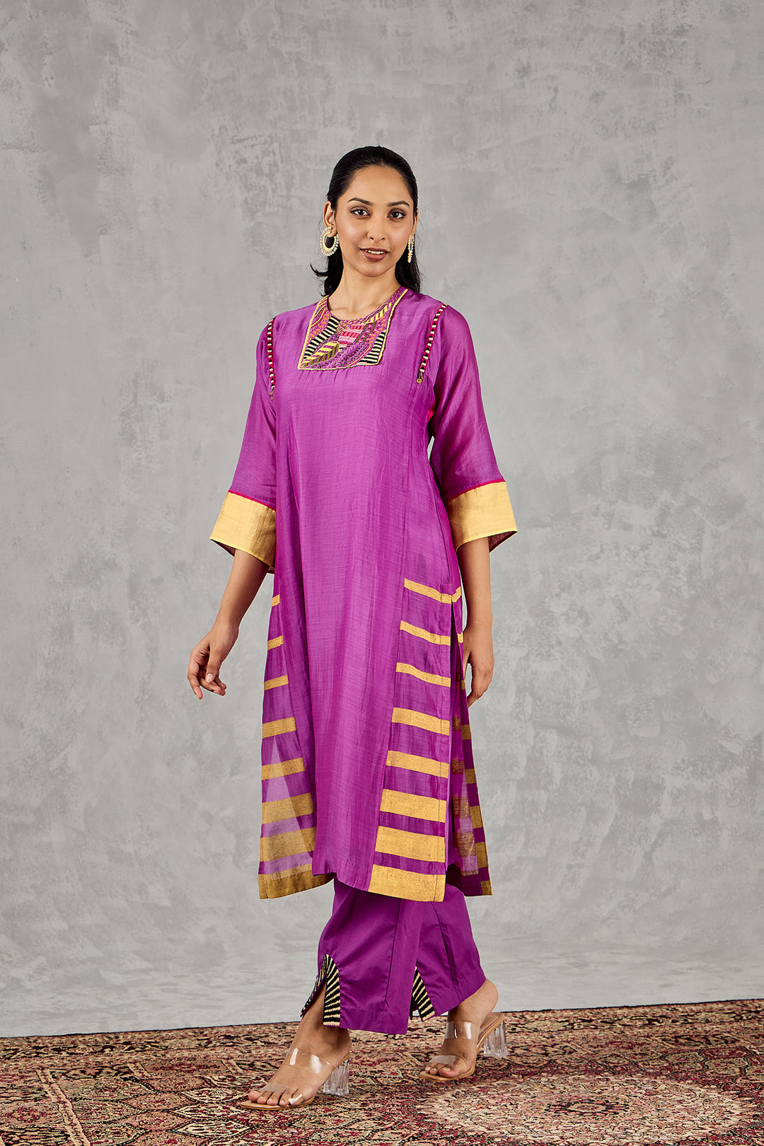 PURPLE SHORT ABSTRACT EMBROIDERY YOKE KURTA SET