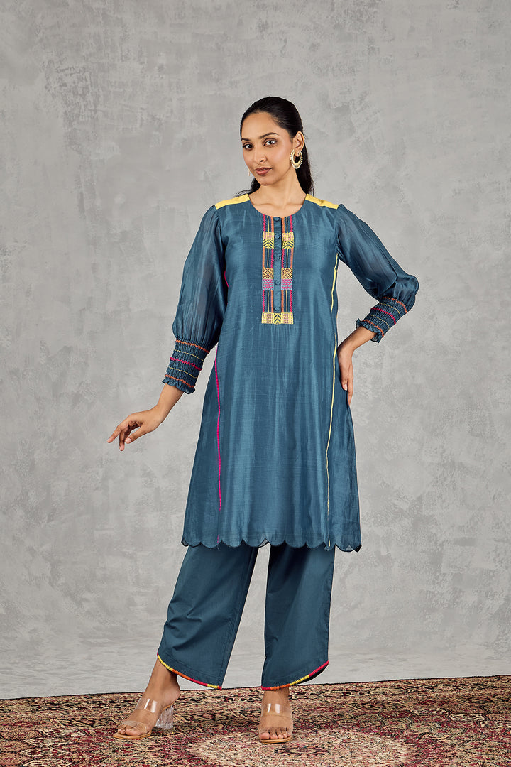 BLUE BEAD EMBROIDERY KURTA SET