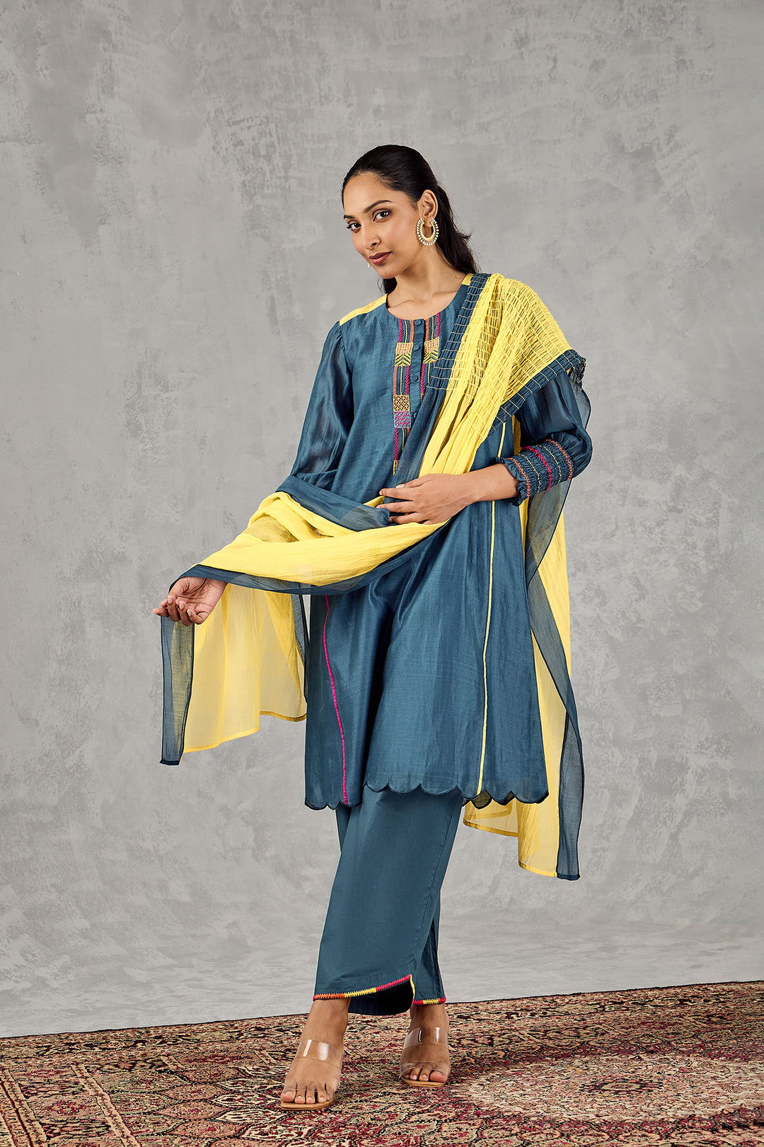 OLIVE YELLOW WITH BLUE BORDER SMOCKING DUPATTA
