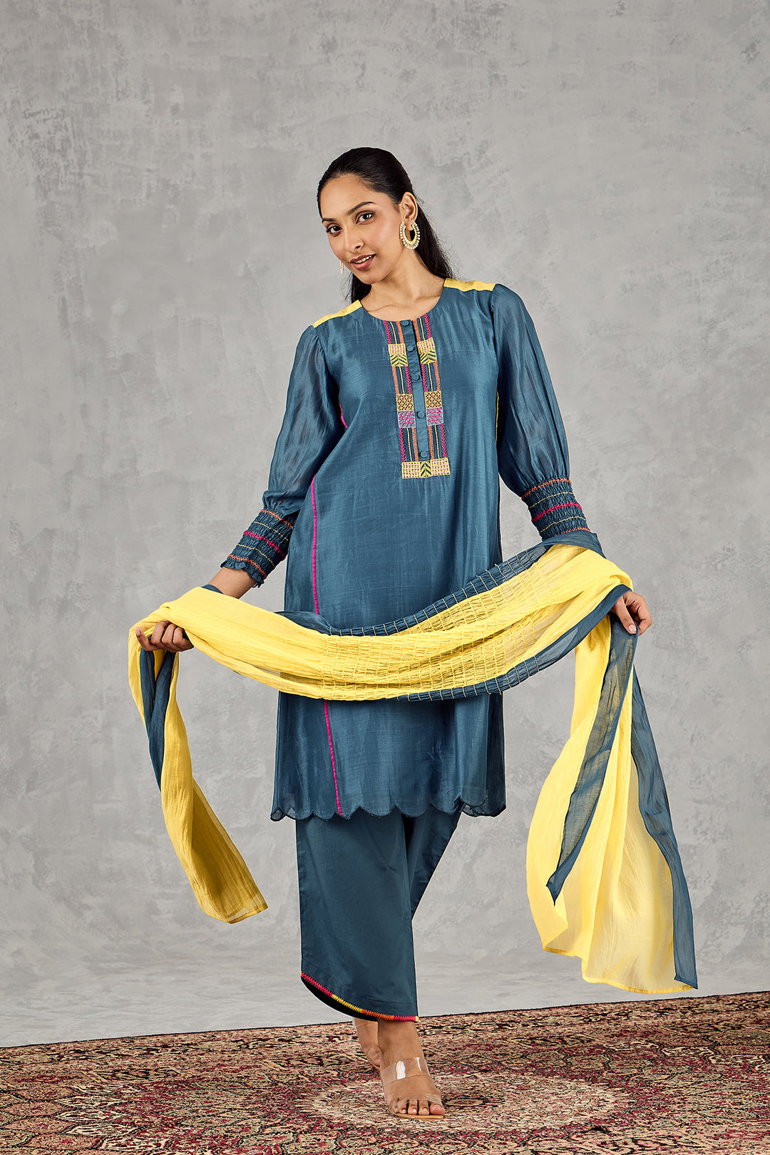 OLIVE YELLOW WITH BLUE BORDER SMOCKING DUPATTA