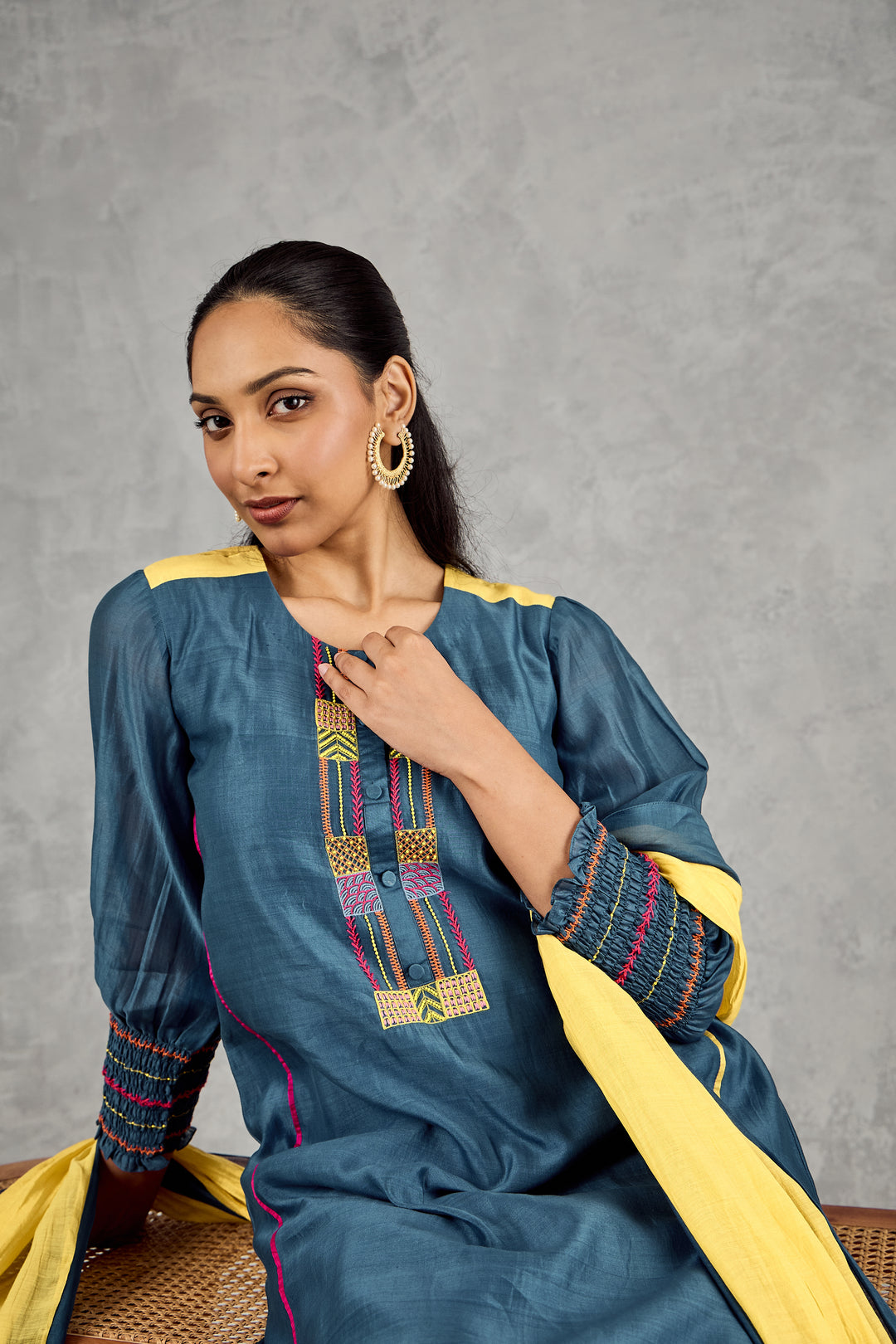 OLIVE YELLOW WITH BLUE BORDER SMOCKING DUPATTA