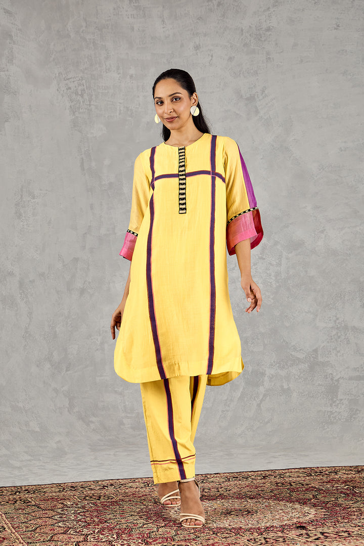 OLIVE YELLOW THREE COLOUR STRIPE TUNIC SET
