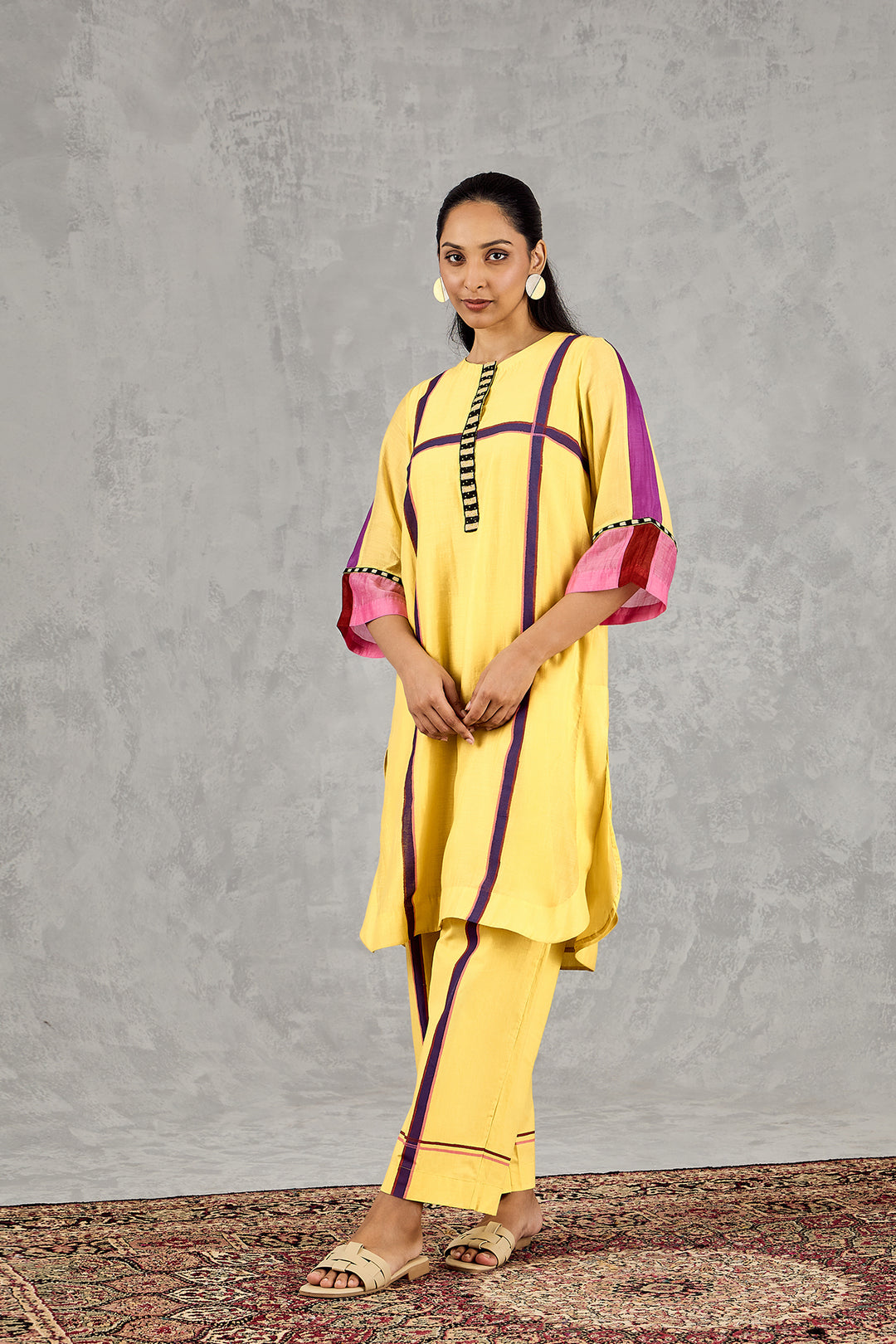 OLIVE YELLOW THREE COLOUR STRIPE TUNIC SET
