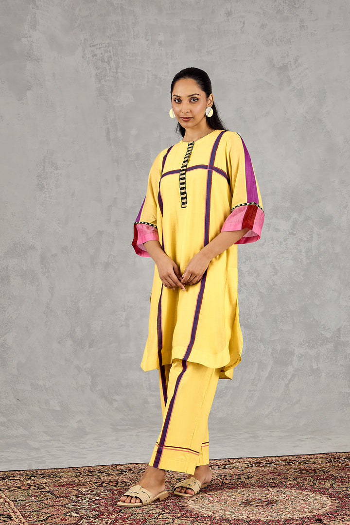 OLIVE YELLOW THREE COLOUR STRIPE TUNIC SET