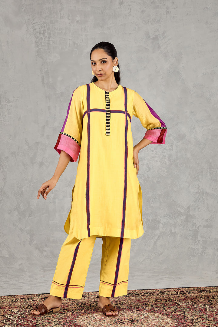 OLIVE YELLOW THREE COLOUR STRIPE TUNIC SET