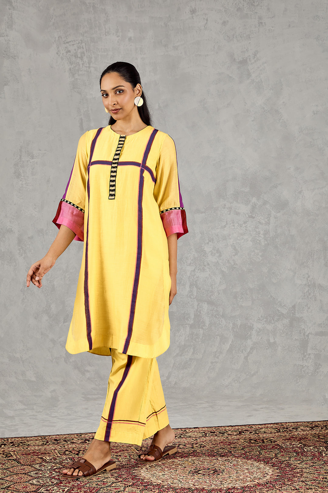 OLIVE YELLOW THREE COLOUR STRIPE TUNIC SET