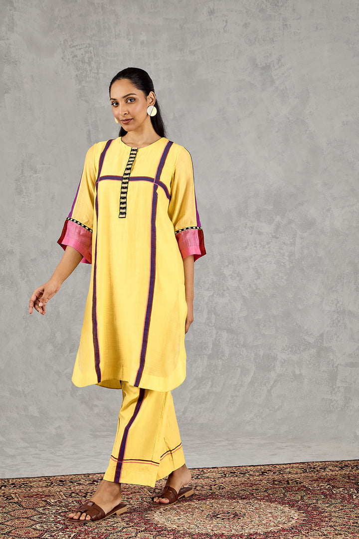 OLIVE YELLOW THREE COLOUR STRIPE TUNIC SET