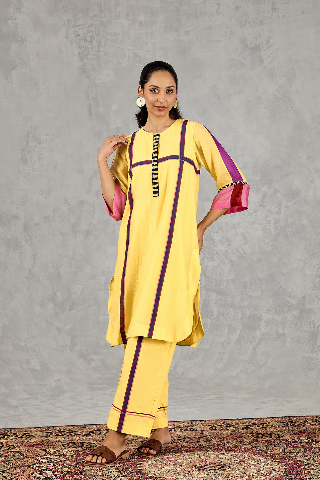 OLIVE YELLOW THREE COLOUR STRIPE TUNIC SET