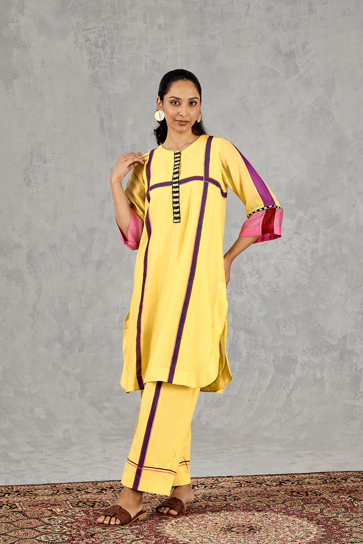 OLIVE YELLOW THREE COLOUR STRIPE TUNIC SET