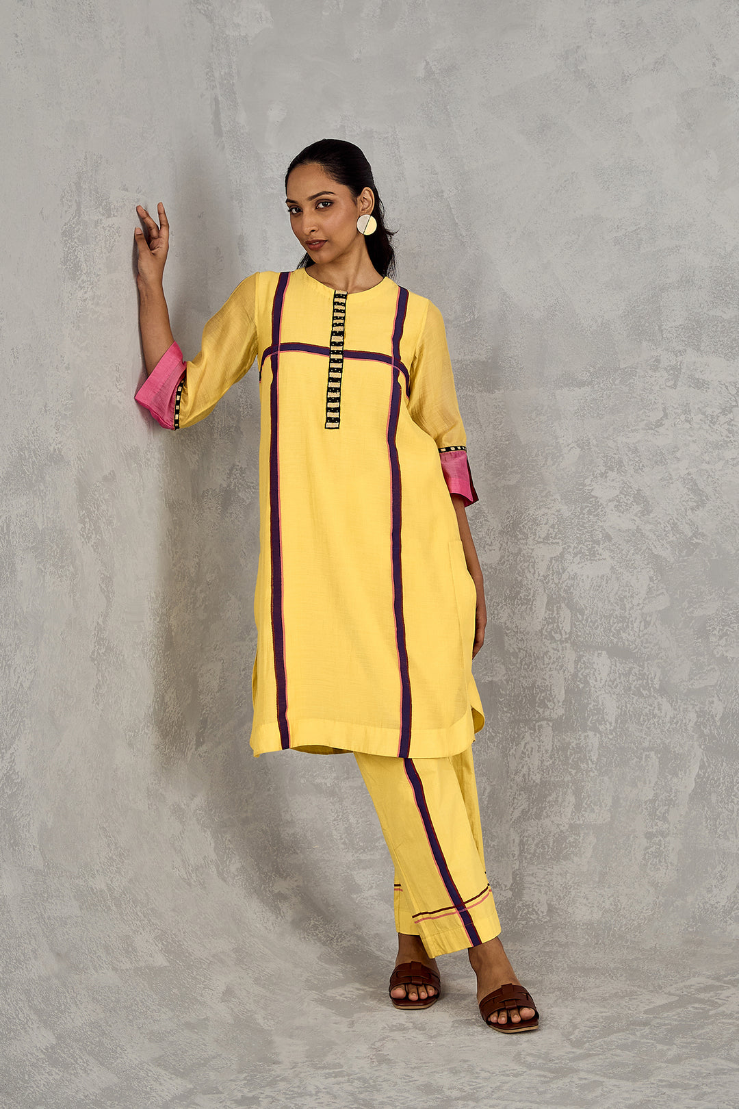 OLIVE YELLOW THREE COLOUR STRIPE TUNIC SET