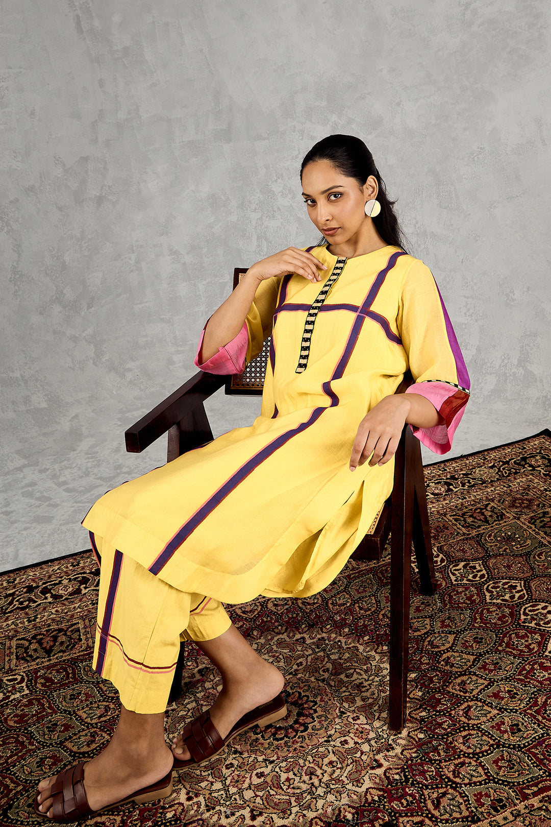 OLIVE YELLOW THREE COLOUR STRIPE TUNIC SET