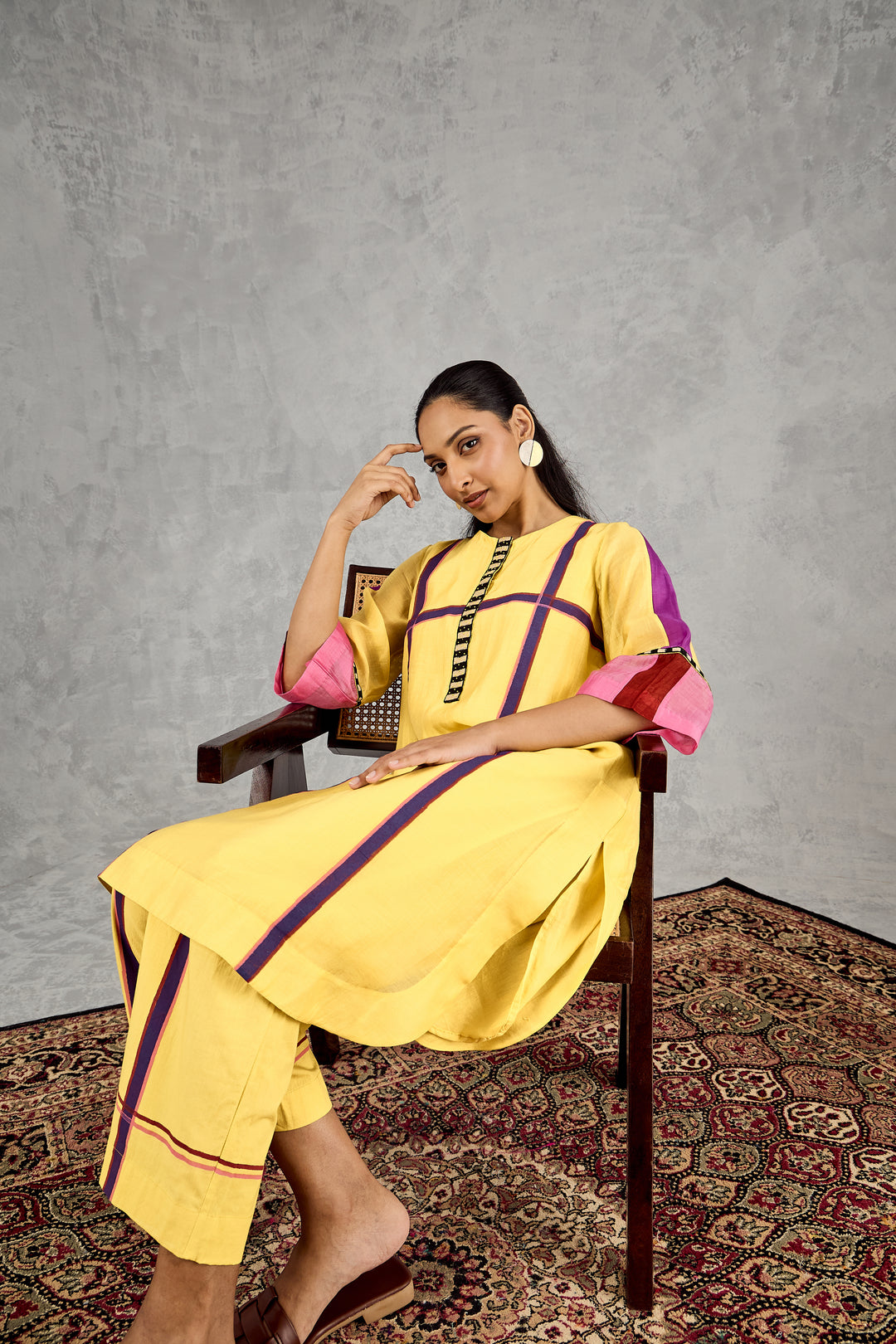 OLIVE YELLOW THREE COLOUR STRIPE TUNIC SET