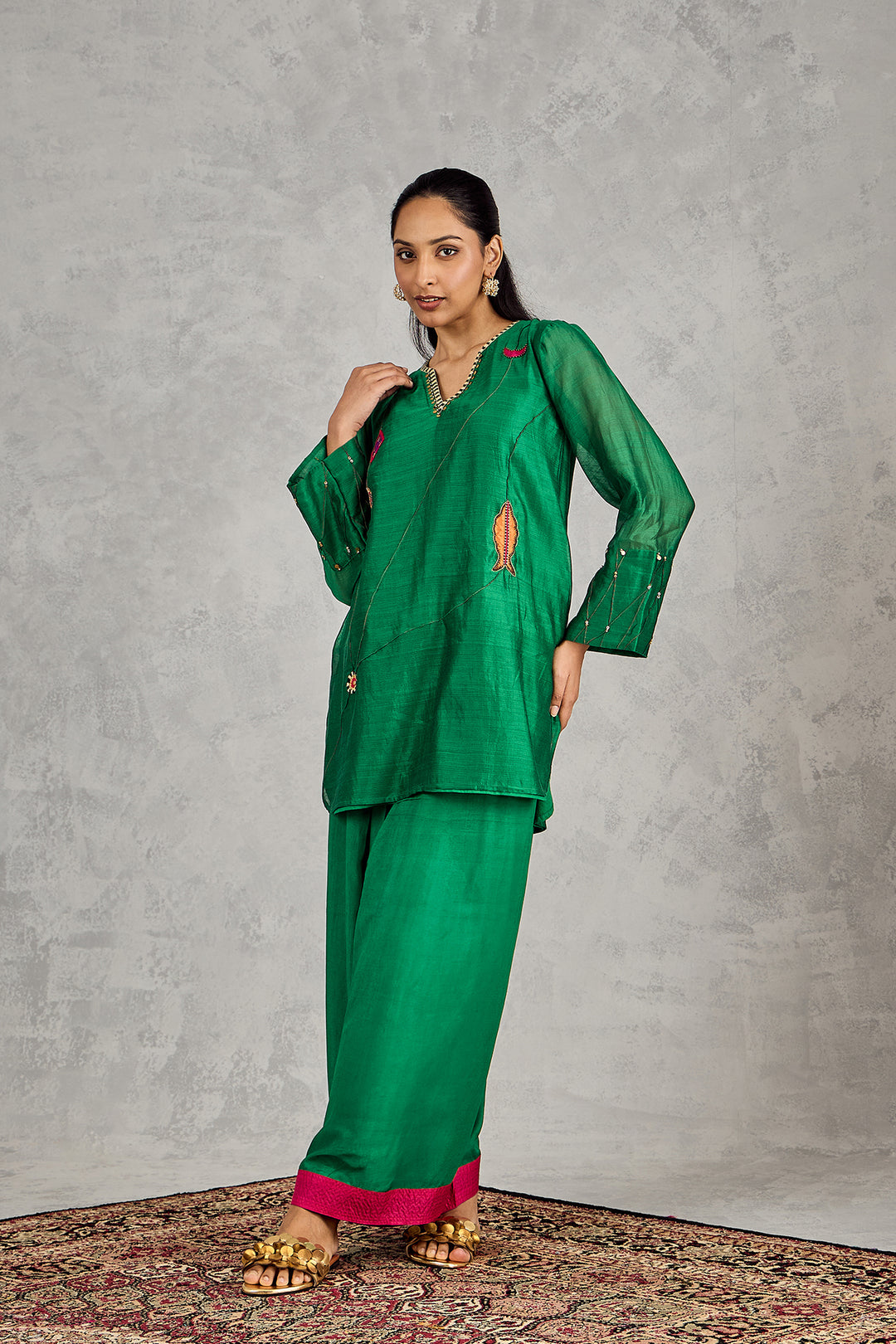 GREEN FISH PATCH EMBROIDERY SHORT TUNIC