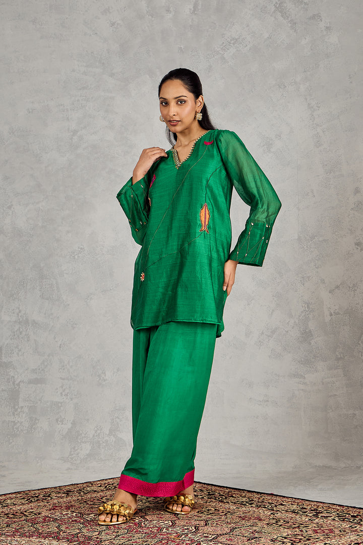 GREEN FISH PATCH EMBROIDERY SHORT TUNIC