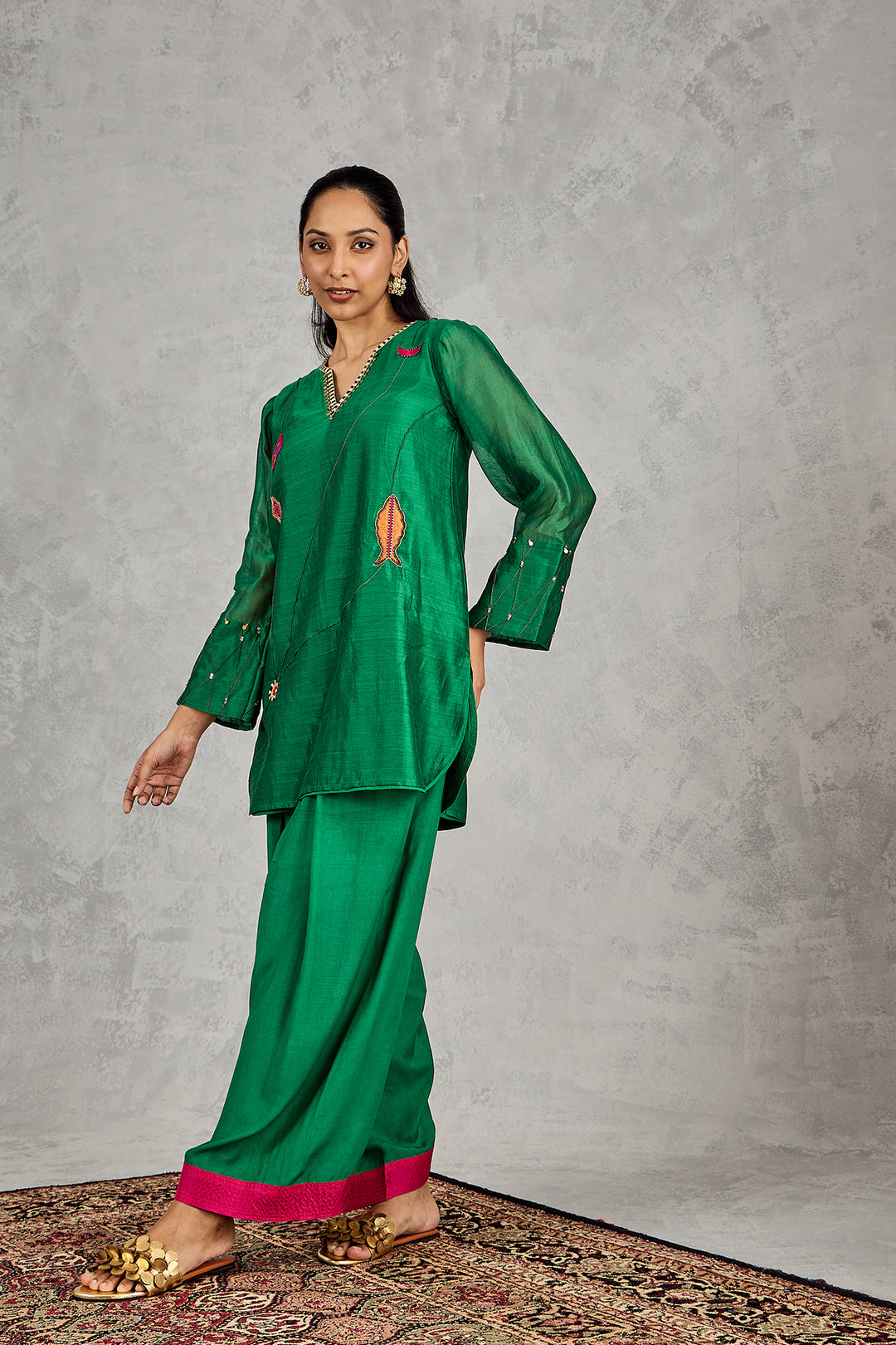 GREEN FISH PATCH EMBROIDERY SHORT TUNIC SET