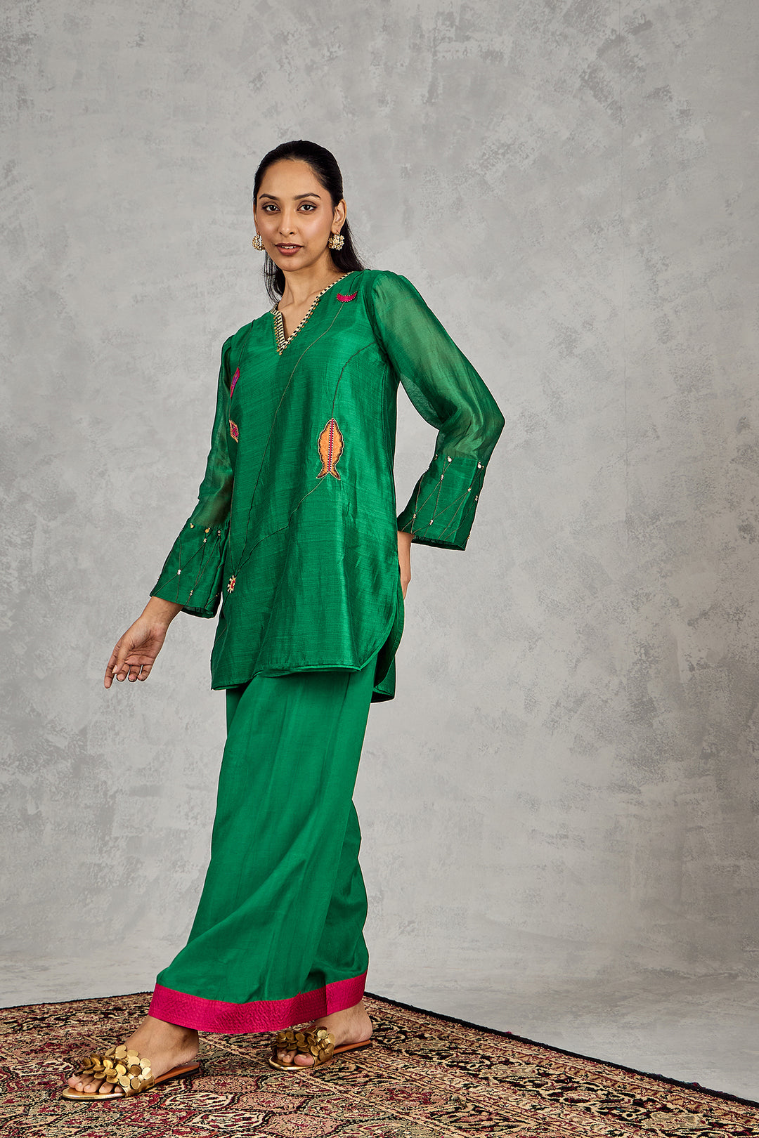 GREEN FISH PATCH EMBROIDERY SHORT TUNIC