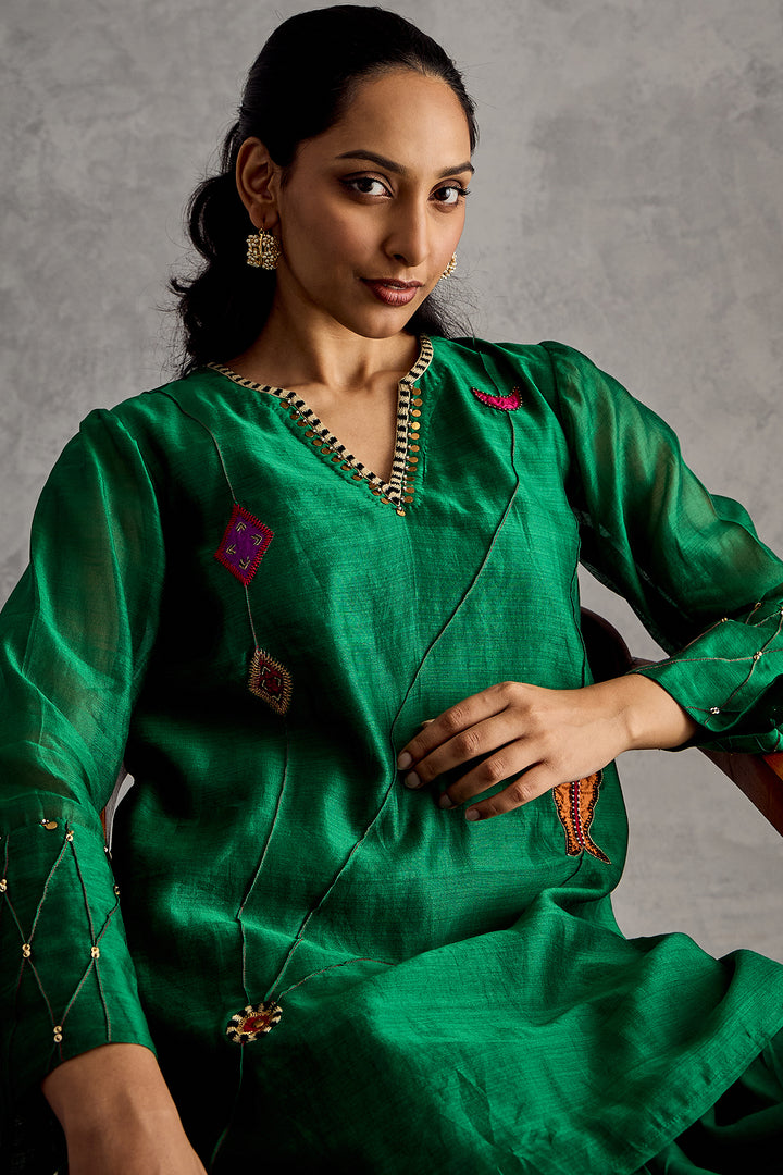 GREEN FISH PATCH EMBROIDERY SHORT TUNIC SET