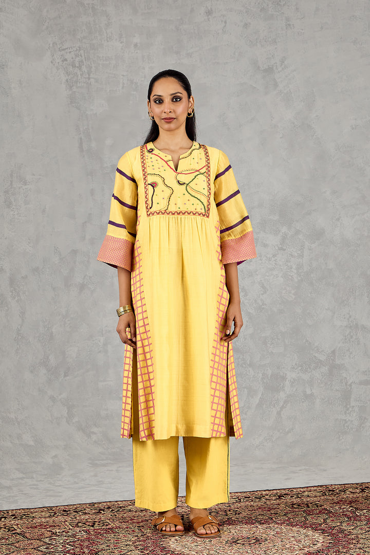 OLIVE YELLOW LONG ABSTRACT YOKE KURTA SET