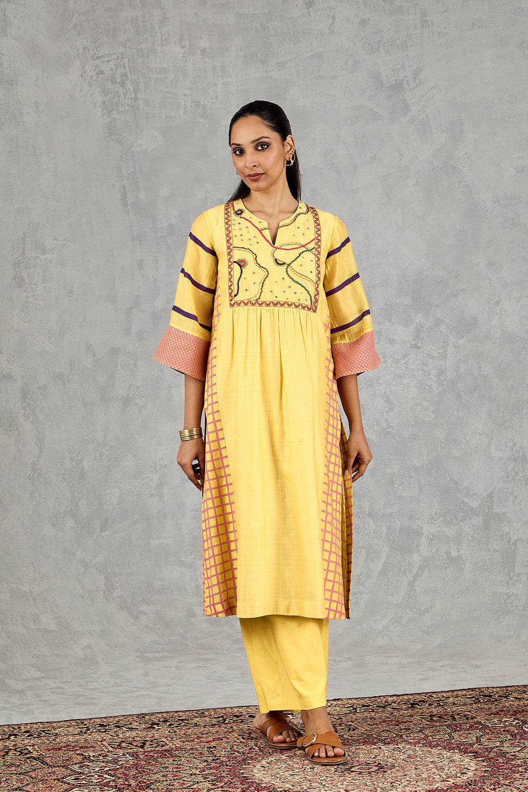 OLIVE YELLOW LONG ABSTRACT YOKE KURTA