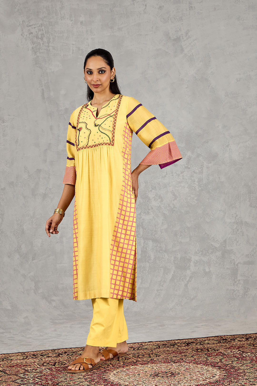 OLIVE YELLOW LONG ABSTRACT YOKE KURTA