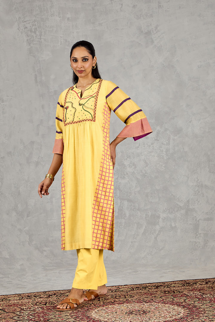 OLIVE YELLOW LONG ABSTRACT YOKE KURTA