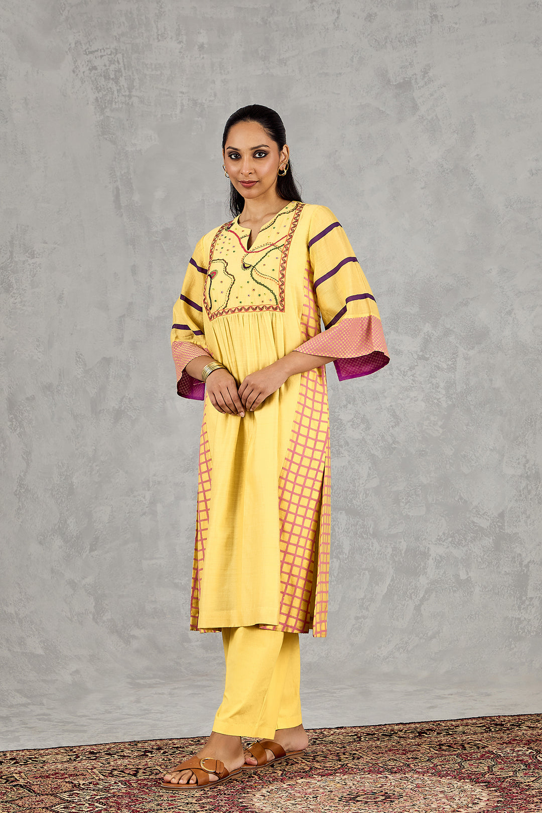 OLIVE YELLOW LONG ABSTRACT YOKE KURTA