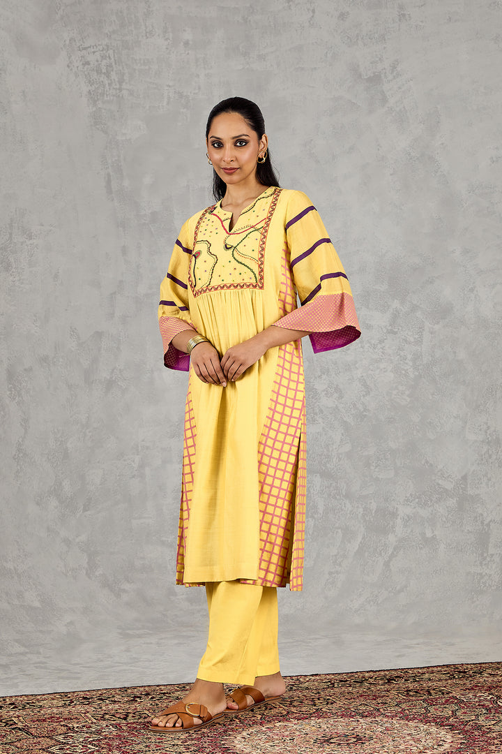 OLIVE YELLOW LONG ABSTRACT YOKE KURTA