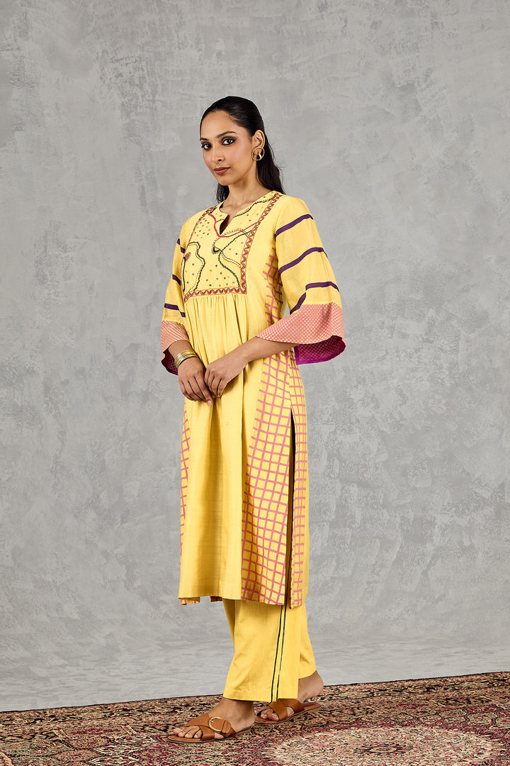 OLIVE YELLOW LONG ABSTRACT YOKE KURTA SET