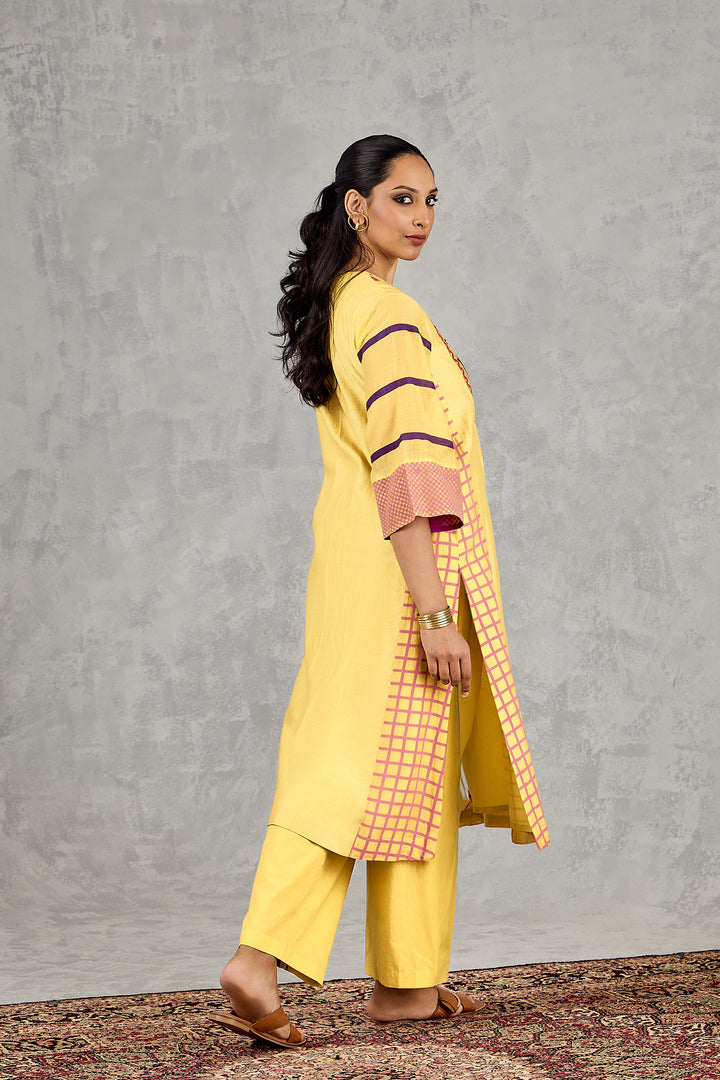 OLIVE YELLOW LONG ABSTRACT YOKE KURTA