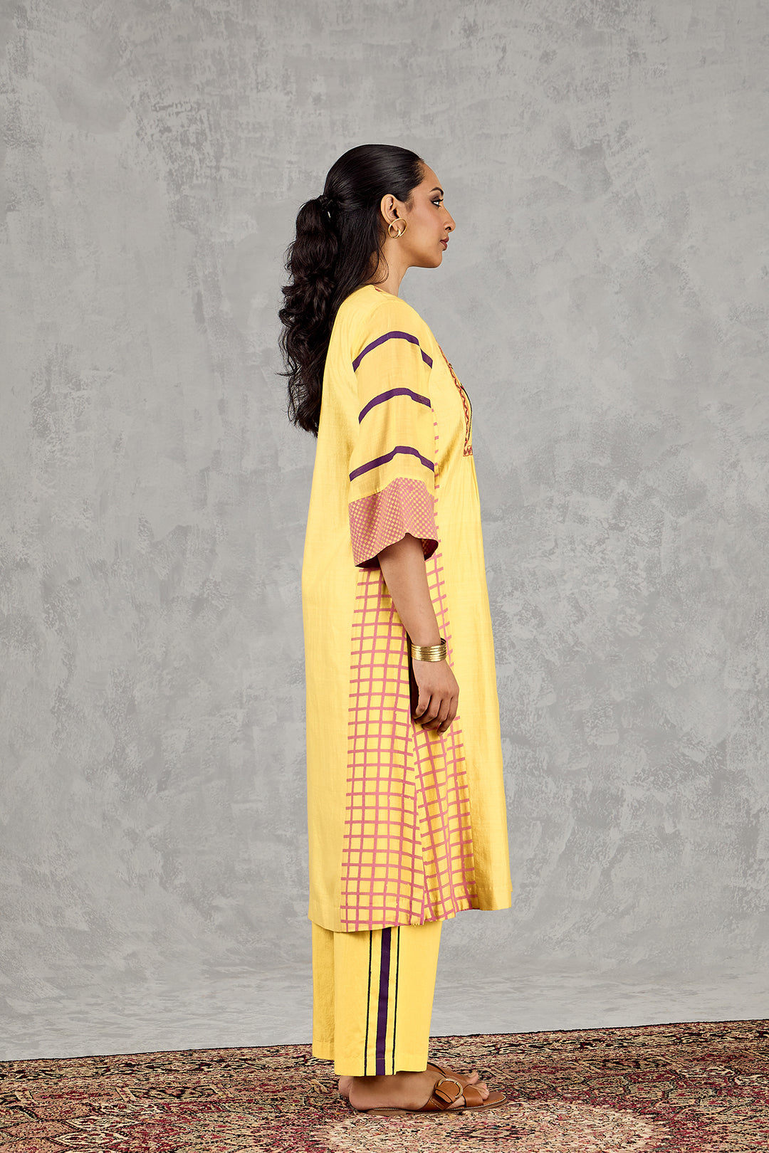 OLIVE YELLOW LONG ABSTRACT YOKE KURTA SET