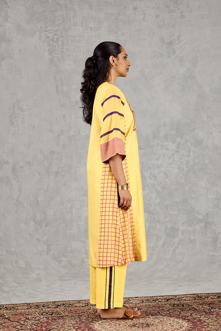 OLIVE YELLOW LONG ABSTRACT YOKE KURTA SET