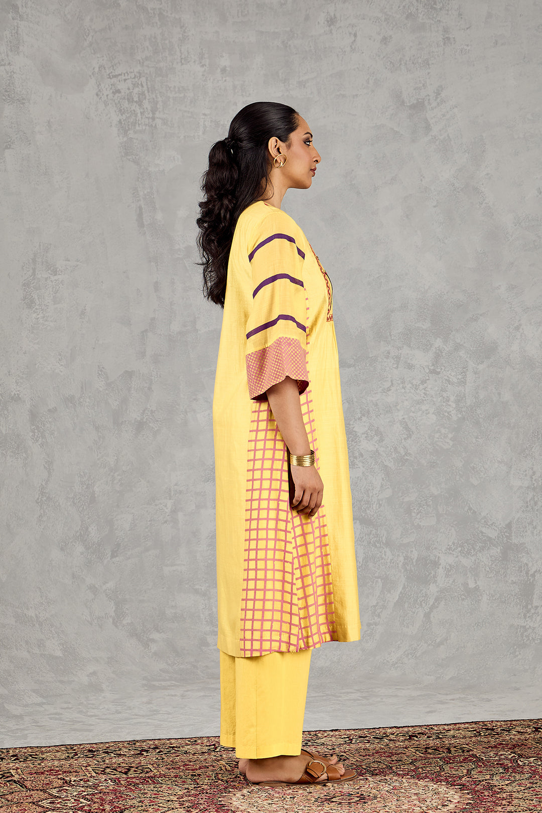 OLIVE YELLOW LONG ABSTRACT YOKE KURTA