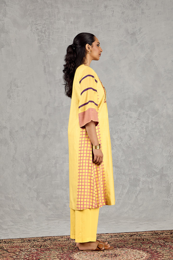 OLIVE YELLOW LONG ABSTRACT YOKE KURTA