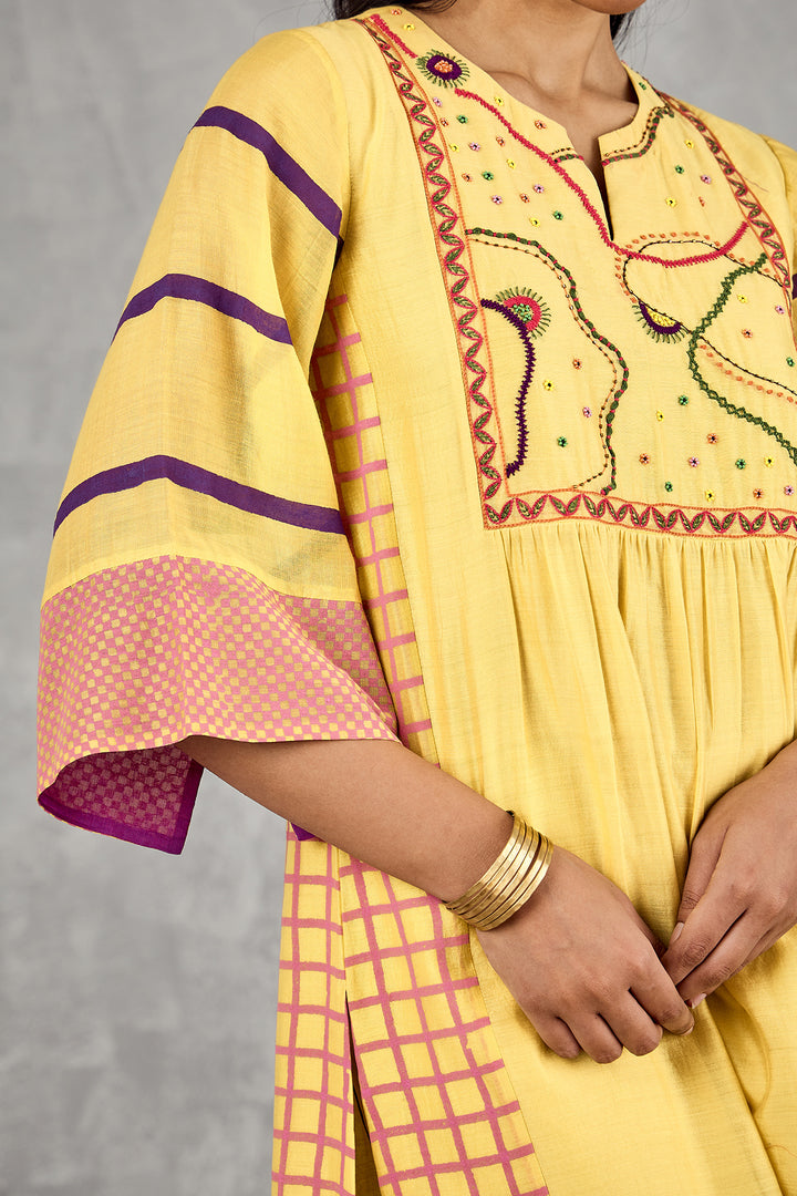 OLIVE YELLOW LONG ABSTRACT YOKE KURTA