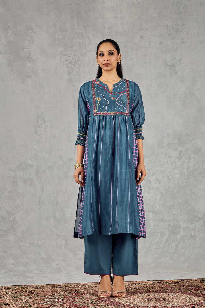 BLUE LONG ABSTRACT YOKE KURTA SET