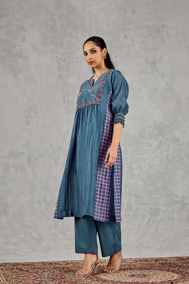 BLUE LONG ABSTRACT YOKE KURTA SET