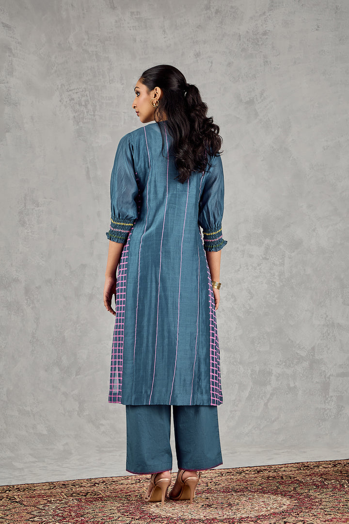 BLUE LONG ABSTRACT YOKE KURTA