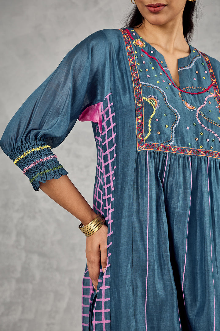 BLUE LONG ABSTRACT YOKE KURTA SET
