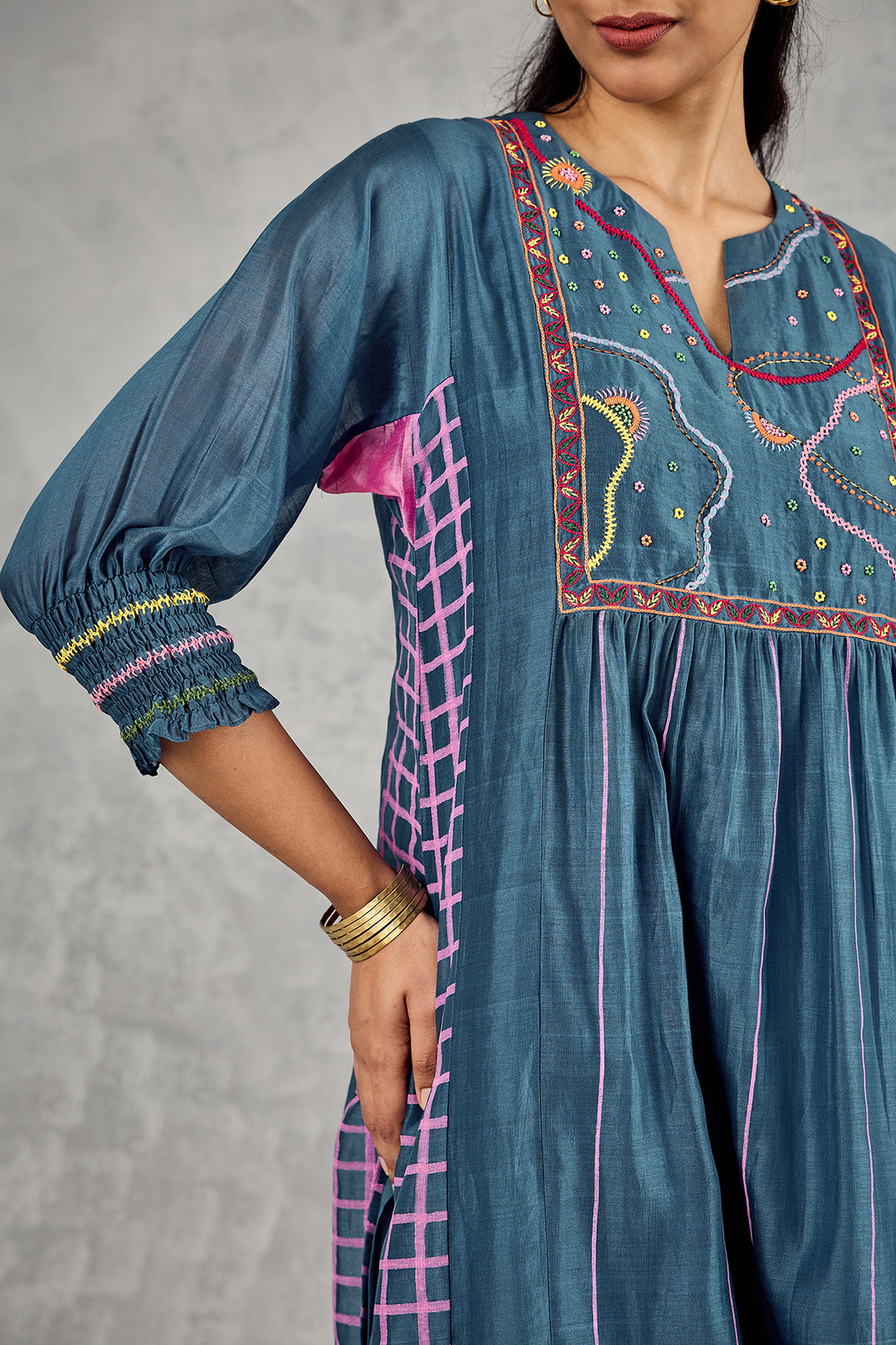 BLUE LONG ABSTRACT YOKE KURTA