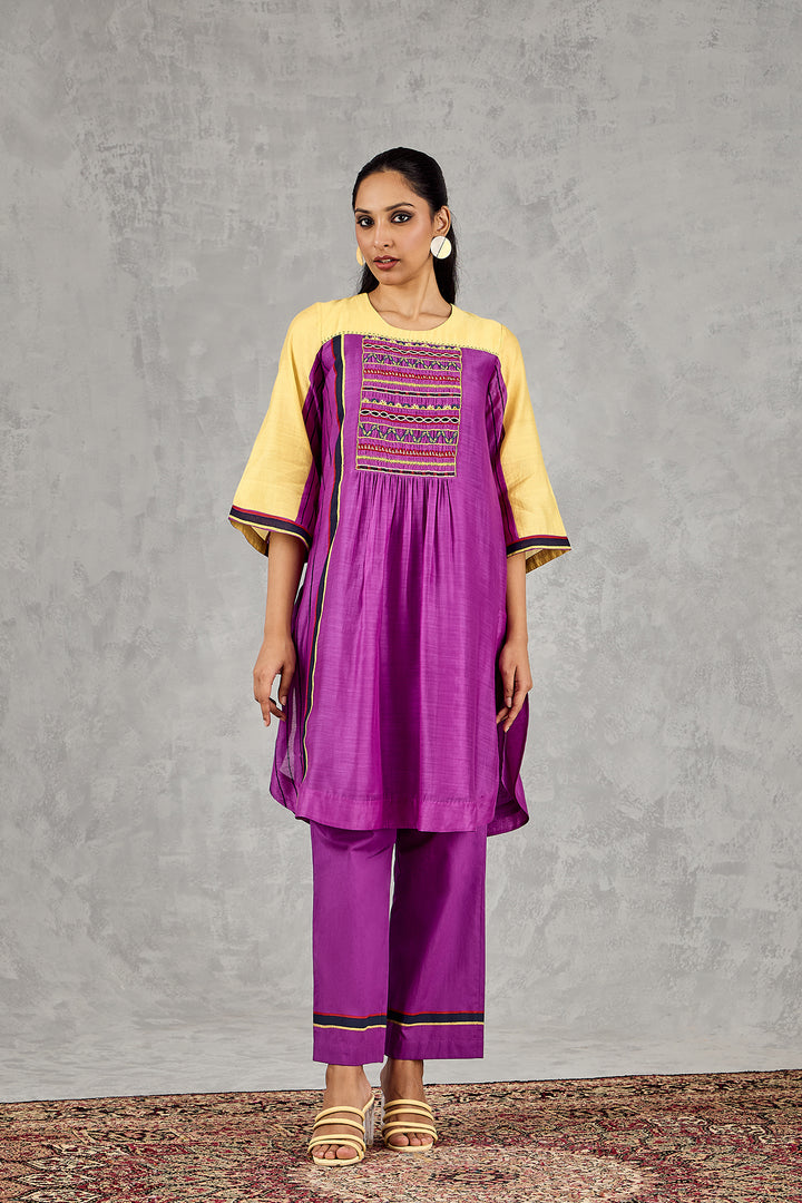 OLIVE YELLOW/PURPLE COLOUR BLOCK TUNIC SET