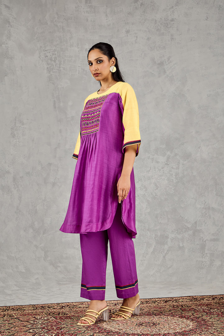OLIVE YELLOW/PURPLE COLOUR BLOCK TUNIC SET