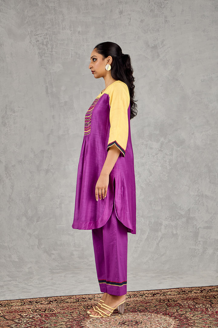 OLIVE YELLOW/PURPLE COLOUR BLOCK TUNIC SET
