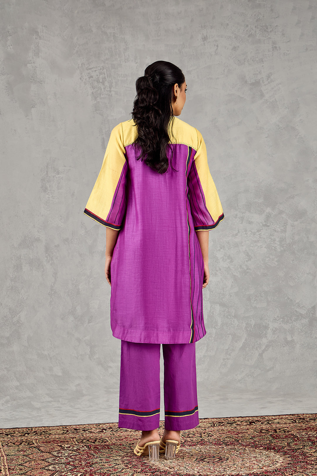 OLIVE YELLOW/PURPLE COLOUR BLOCK TUNIC SET