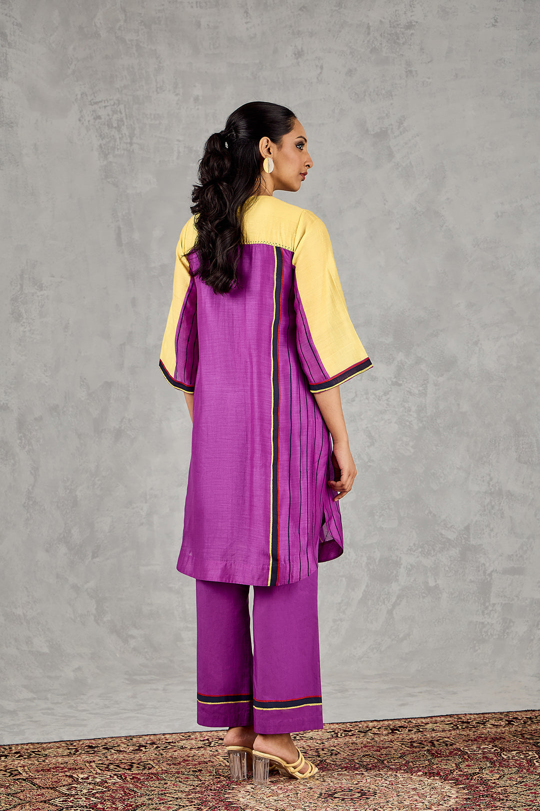 OLIVE YELLOW/PURPLE COLOUR BLOCK TUNIC SET