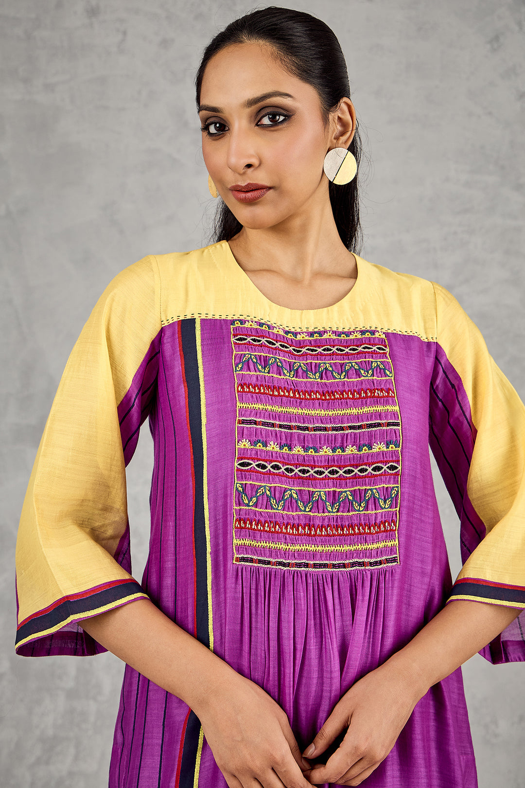 OLIVE YELLOW/PURPLE COLOUR BLOCK TUNIC SET