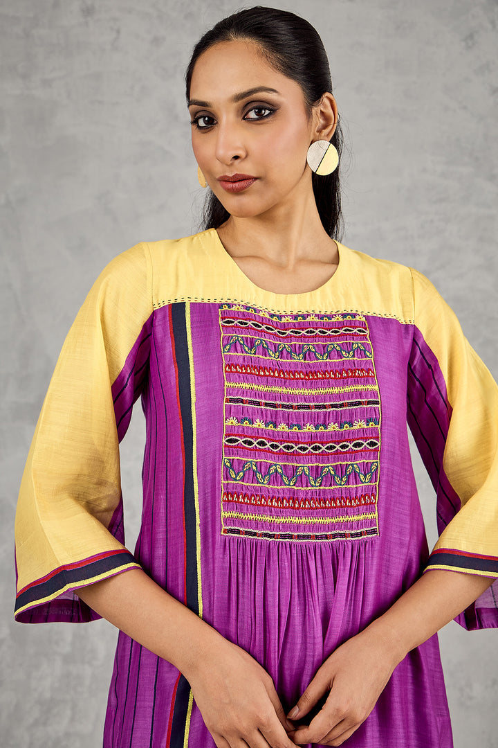 OLIVE YELLOW/PURPLE COLOUR BLOCK TUNIC SET