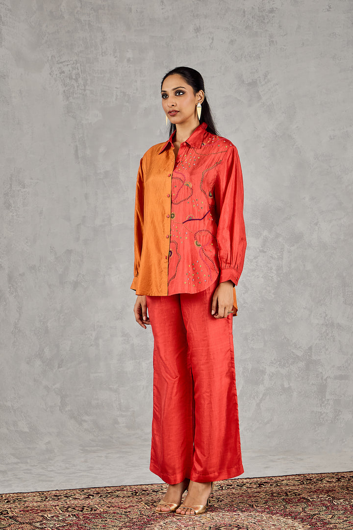 BURNT ORANGE AND RED COLOURBLOCK EMBROIDERED SHIRT