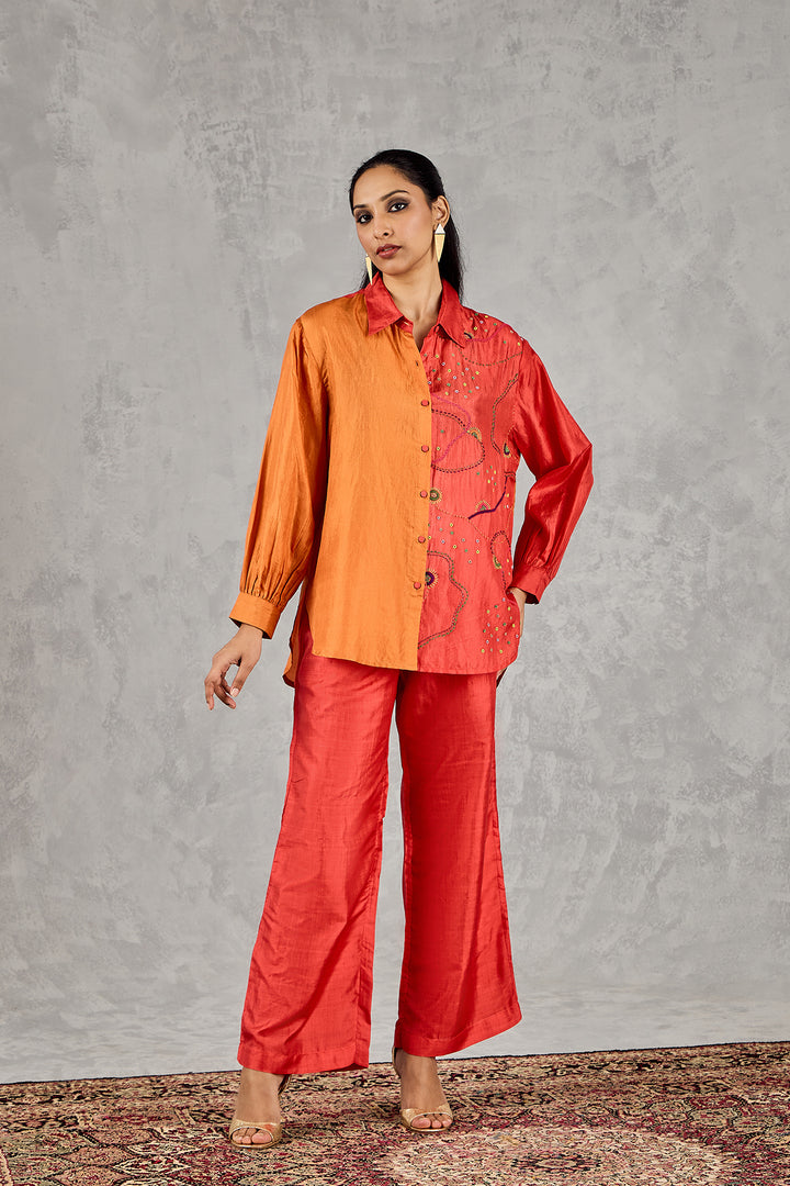 BURNT ORANGE AND RED COLOURBLOCK EMBROIDERED SHIRT